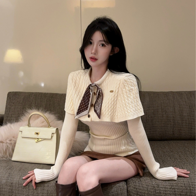 Real Shot Real Price French Retro Twist Silk Scarf Bow Tie Knitted Sweater Cape Shawl Collar Bottoming Shirt Top for Women