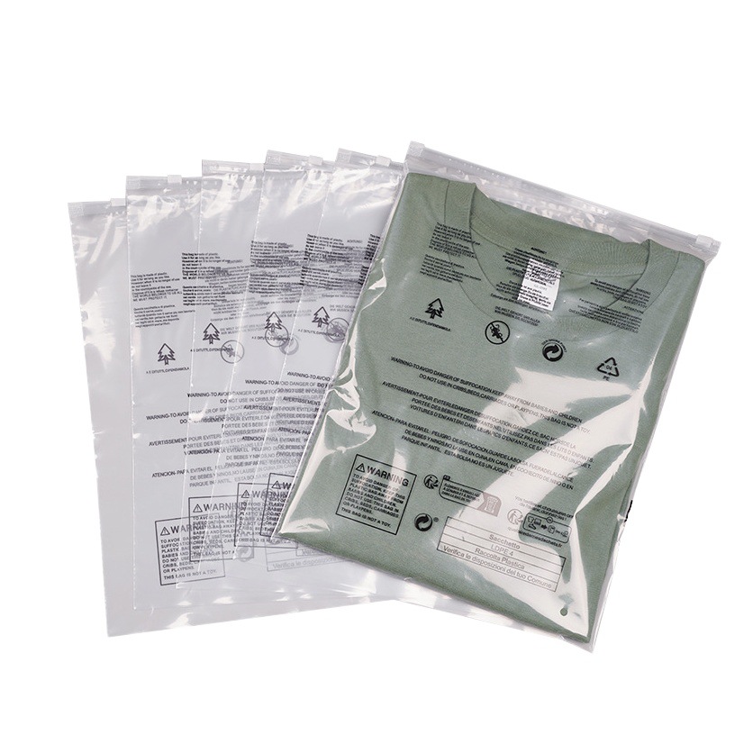 Bolsa transparente con cremallera y etiqueta de reciclaje en español para embalaje de ropa transfronterizo, bolsa de plástico para prendas.