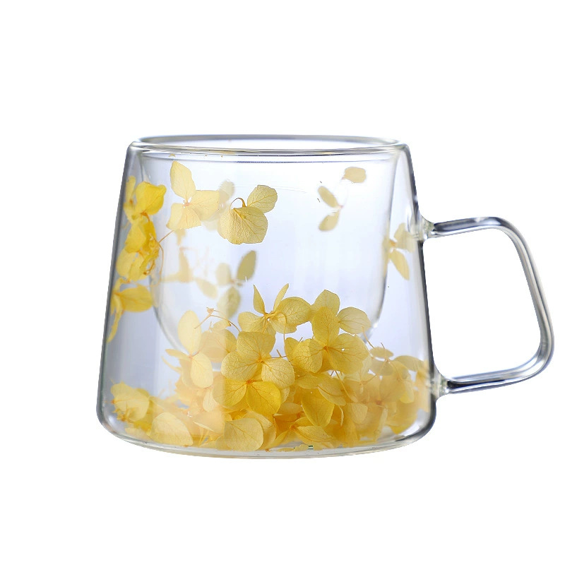Cross-border Packaging: Trendy Real-flower Glass Cup, High-appearance Coffee Cup Handle, Double-layer Mug With Dried_voghion.com