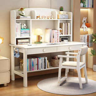 Children's Study Table Solid Wood Desk Bookshelf Integrated Combination Home Bedroom Student Writing Desk Office Computer Desk