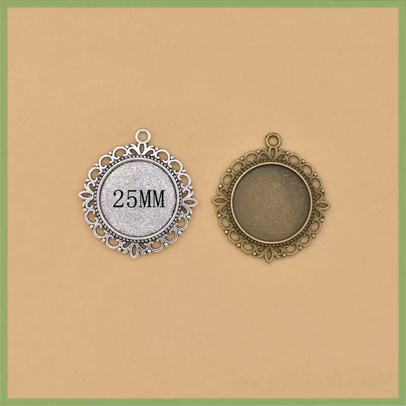 DIY精美花边圆形内入25MM时光宝石双面底托合金钥匙扣挂件复古