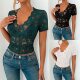 Europe and the United States cross-border Amazon 2025 spring and summer new solid color slim V-neck short sleeve bottoming shirt lace can be worn