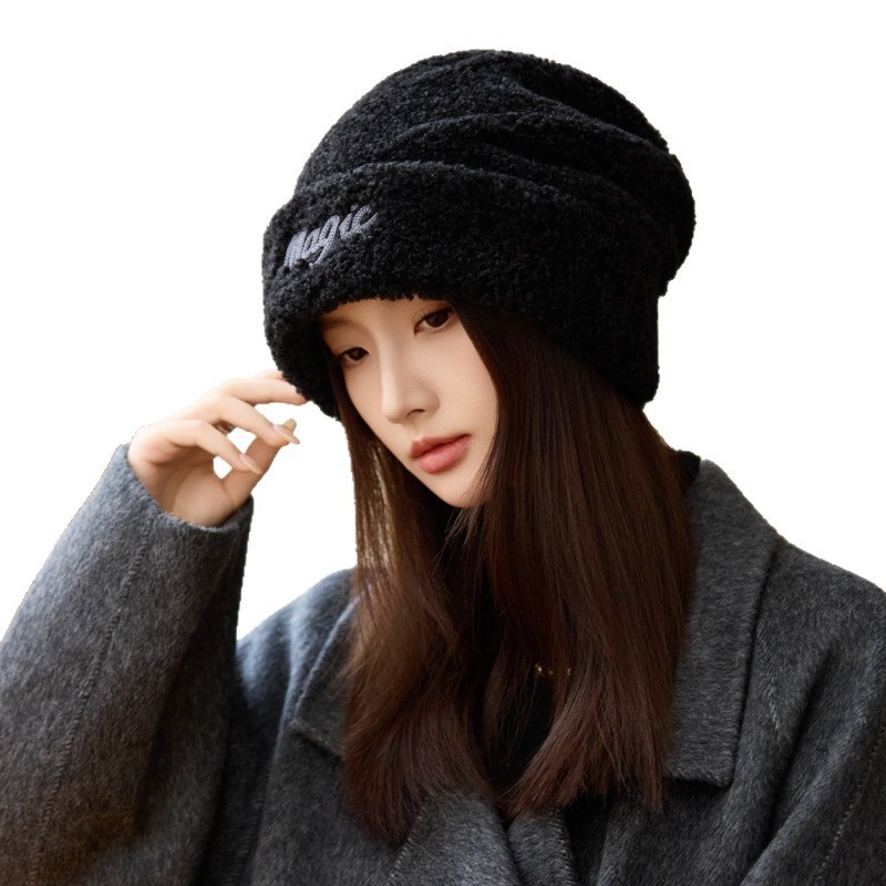 韩版冬天帽子女加绒保暖针织帽时尚百搭刺绣盆帽显脸小毛线堆堆帽|undefined