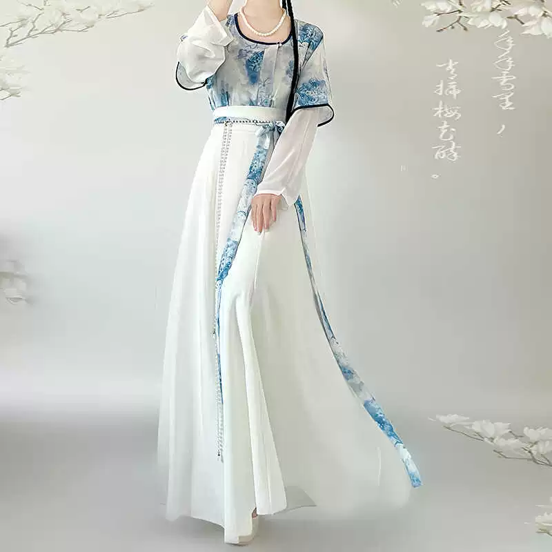 2024 Новый [Маленький Танфэн] Династия Тан Ханфу с принтом Tang Xuanzi Ся надел рубашку с круглым вырезом и восемь сломанных юбок
