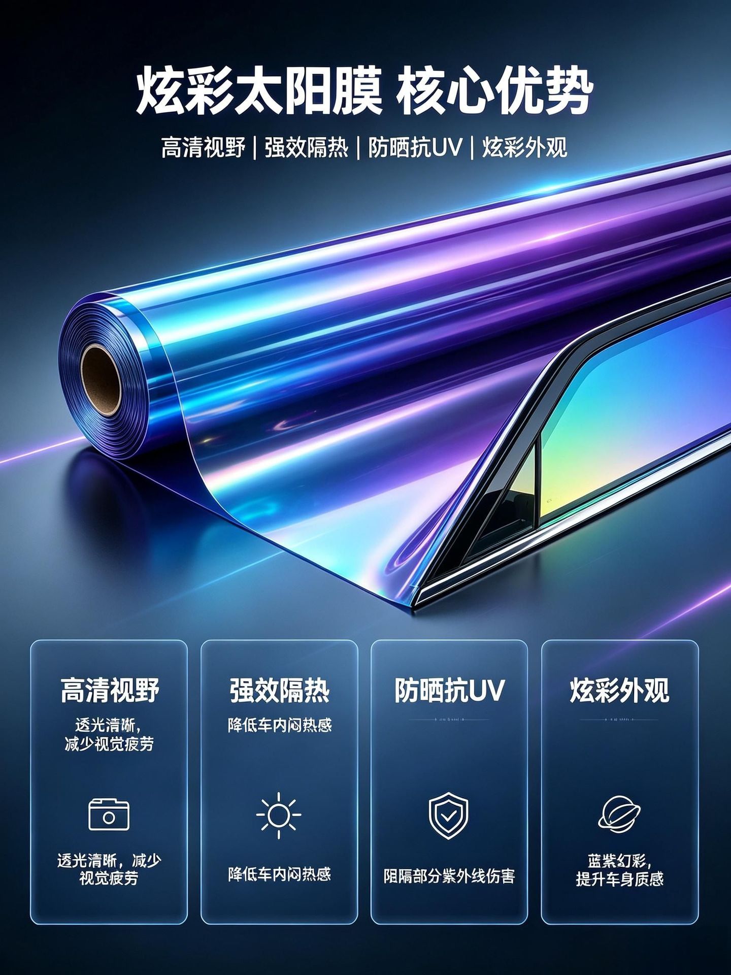 Factory wholesale of colorful car window tint film, including imperial purple, blue, and enchanting glass explosion-proof and sun protection films, sold in full rolls