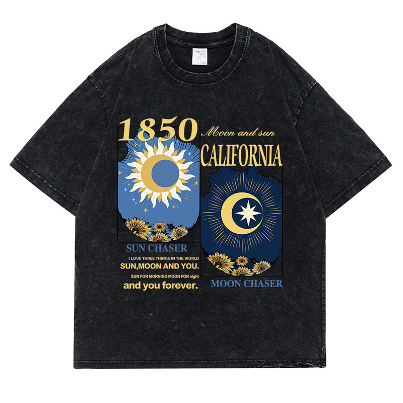 2025 Cross-Border European Code Retro Washed Retro California 1850 Sun and Moon Chaser T-Shirt Pure Cotton T-Shirt