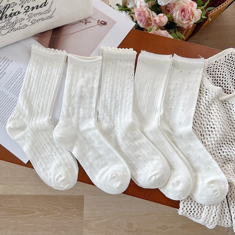 Summer mesh socks children white tube socks small flower wave dot hollow pile socks breathable stockings ins tide stockings