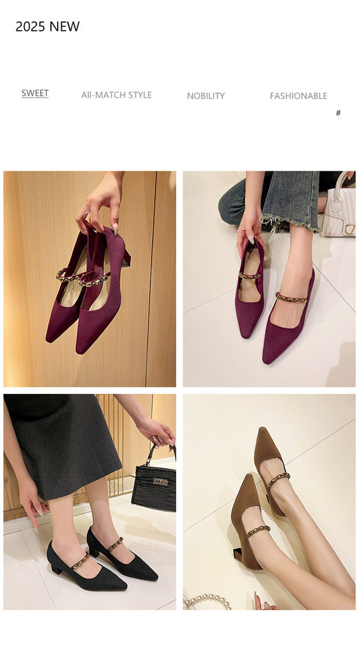 Giày cao gót nữ mũi vuông nhỏ quai ngang thanh lịch, gót vuông vừa 3–6 cm, chất liệu cashmere — Màu nâu, Màu đỏ rượu, màu đen chi tiết 2