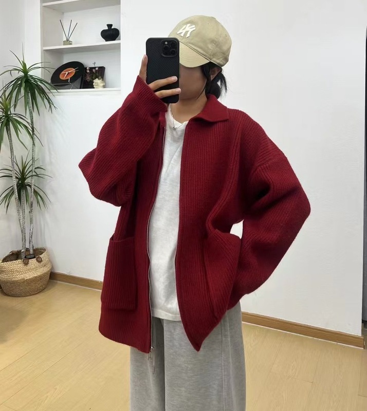 高级感慵懒风翻领拉链针织开衫女秋冬新款宽松软糯厚毛衣外套上衣|undefined