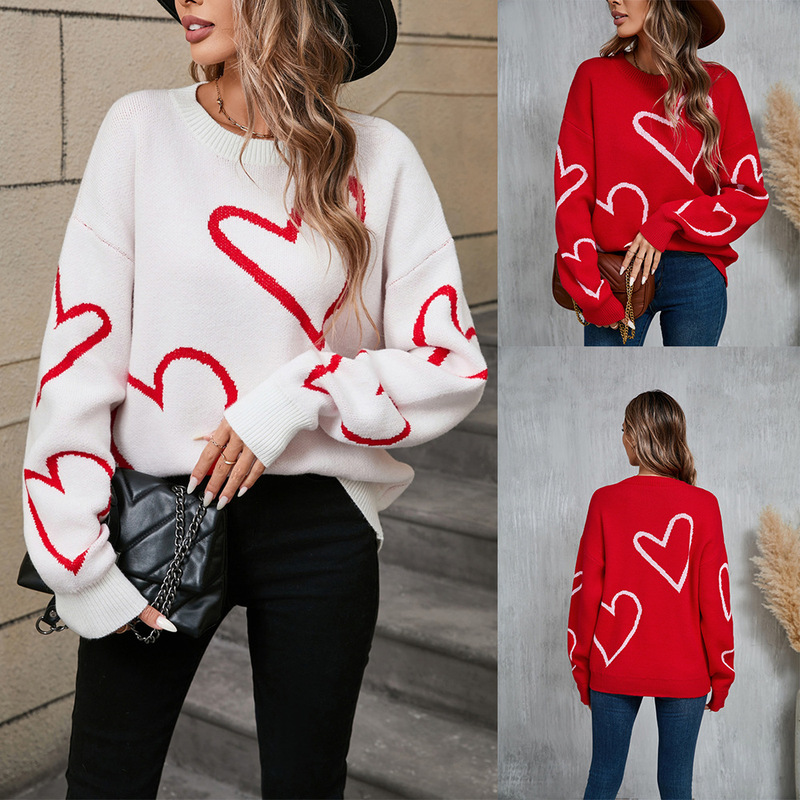 2026 Spring New European and American Style Popular Sweater with Heart Design for Valentine's Day, Color-Block Pullover Sweater with Large Heart Pattern 2026 Spring New European and American Style Popular Sweater with Heart Design for Valentine's Day, Color-Block Pullover Sweater with Large Heart Pattern