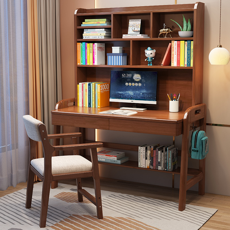 All Solid Wood Desk Bookshelf Integrated Lifting Home Desktop Computer Table Bedroom Student Writing Desk Children's Study Table