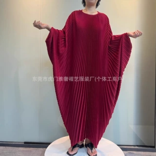 欧美气质百褶长裙宽松大码褶皱连衣裙感蝙蝠袖长款晚礼服长袍