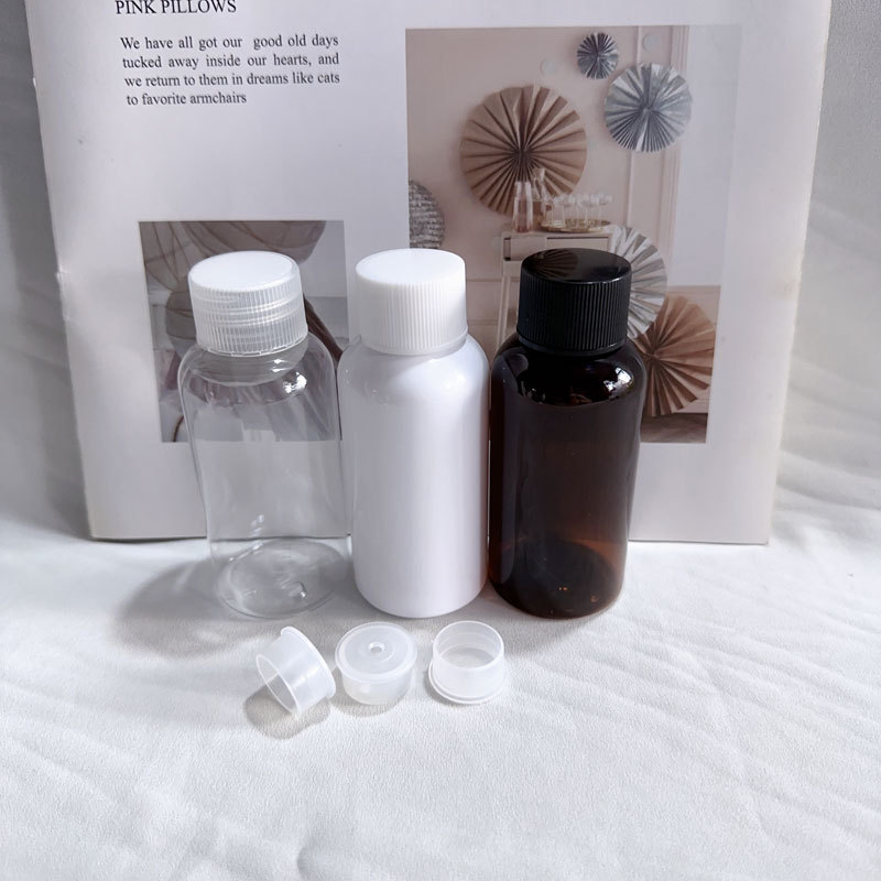 75ml毫升克矮胖圆肩分装瓶旋钮盖透明塑料小药固液体空瓶子内塞