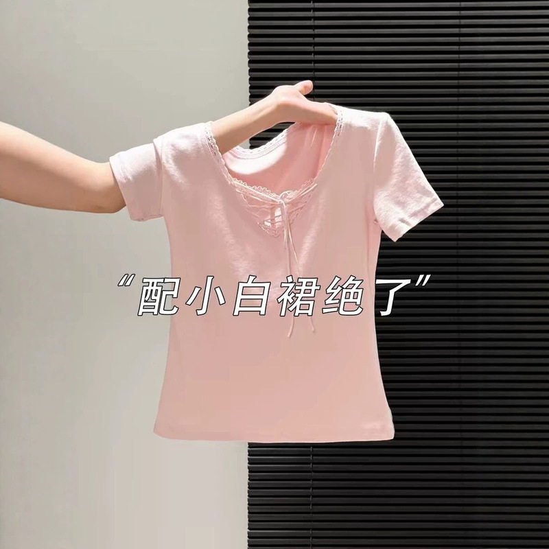 Gentle Style Lace Splicing Tie V-Neck Pink Short-Sleeve T-Shirt for Women, 2026 Summer New Slim-Fit Top Trendy Blouse