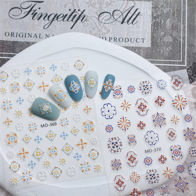 Nueva artesanía Bohemia 5D pegatinas de uñas tridimensionales pintura de bricolaje pegatinas de uñas en relieve de estilo étnico con pegamento trasero