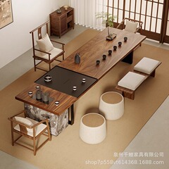 新しい中国式の茶卓の宋代の美学の黒胡桃の木はお茶のテーブルと椅子の組み合わせの客間の事務室の大きい板の茶台の一体を飲みます。