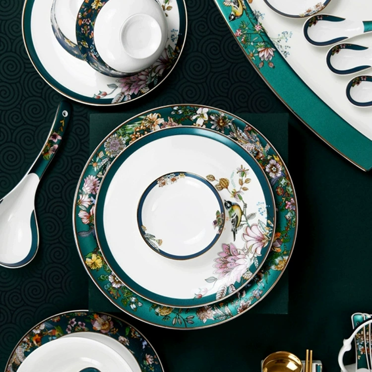 Porcelain tableware (Tangshan), bone‑china enamel, floral pattern, assorted serving pieces