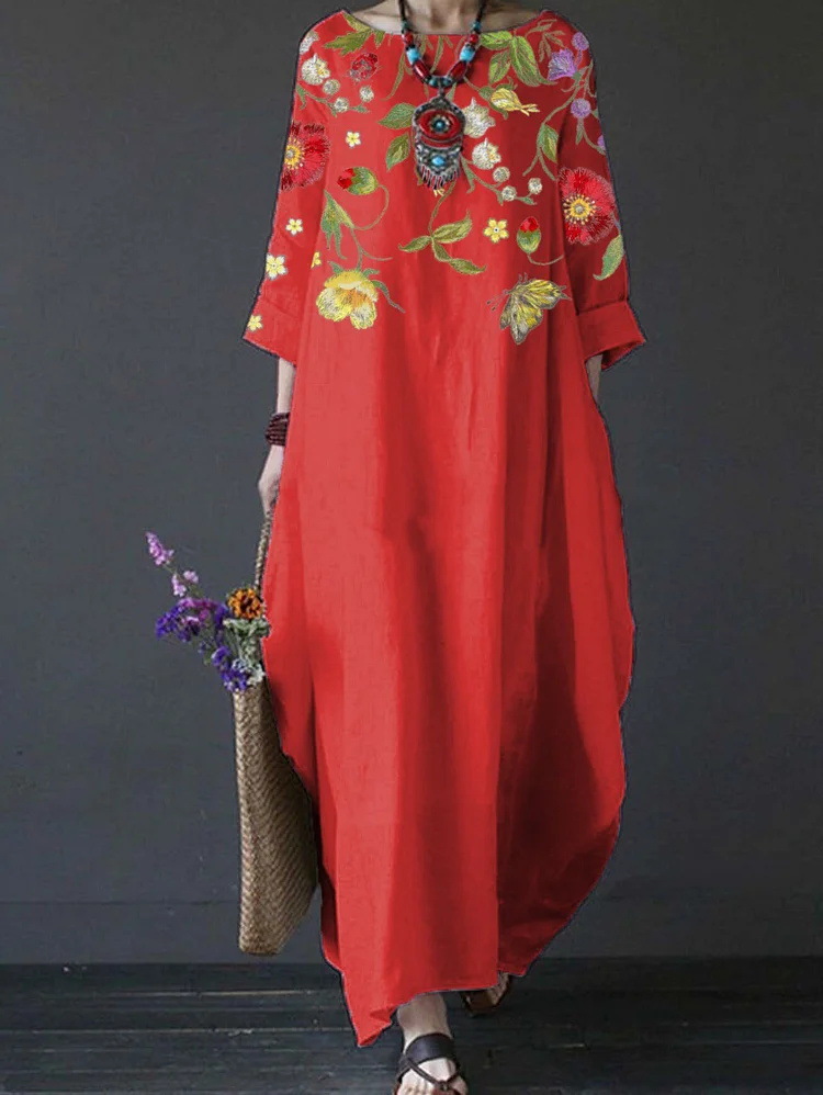 Independent Brand Printed Women's Clothing, European And American Three-quarter Sleeve Midi Dress, Floral Bohemian_ecoleips.com