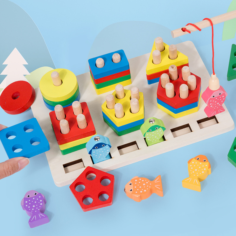 Baby Early Education Multifunctional Shape Matching Building Block Set Column Two-In-One Children's Magnetic Fishing Parent-Child Wooden Toy
