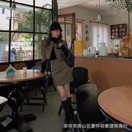 深圳南油工厂直销一手货源小香风丝绒拼色复古高级羊毛两件套套装