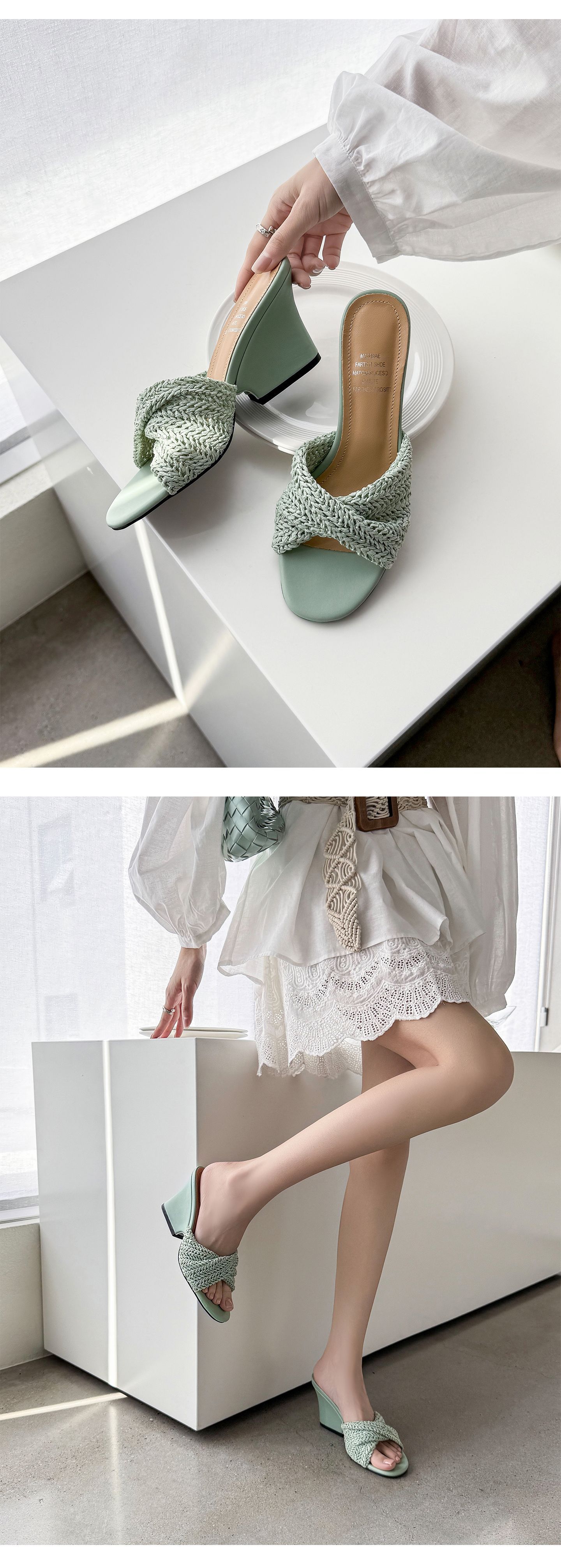 Dép sandal nữ xỏ ngón đế bệt phong cách Pháp, đan rơm, hở mũi, đi biển mùa hè — màu nâu, màu trắng ngà, xanh lá cây chi tiết 9