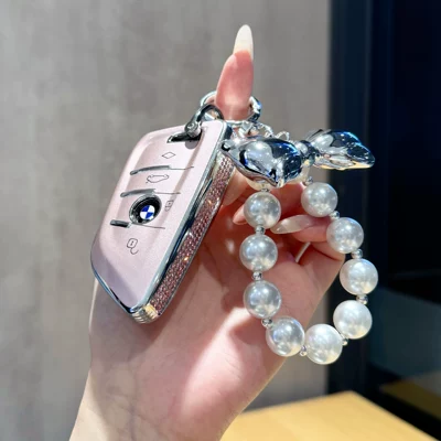 Car key bag: X1, X2, X3, X4, X5, blade-style - bmw-a-series-side-studded-pink-with-a-pearl-bow