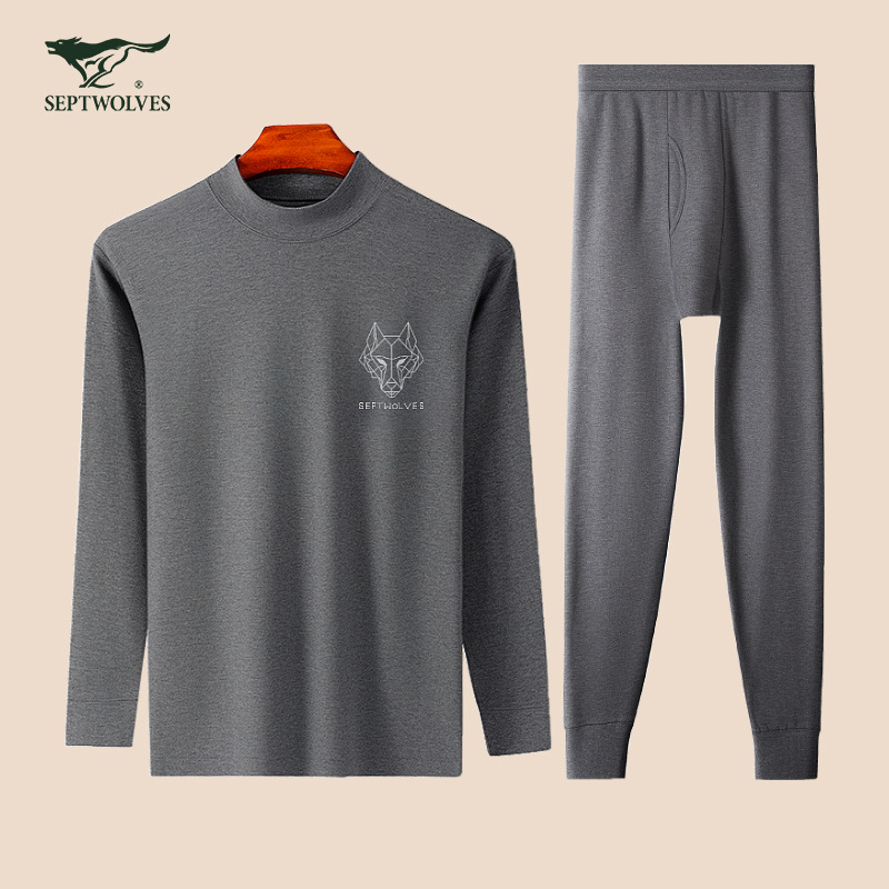 Septwolves Men's Pure Cotton Autumn Clothes and Autumn Pants Set Autumn and Winter Bottoming Cotton Mid-collar Underwear Set of Linen Pants Boxed