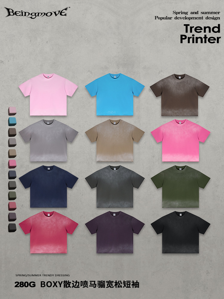 Calle secada| 2026 verano americano retro spray caballo boxy amplio borde camiseta de manga corta camiseta camiseta casual hombre