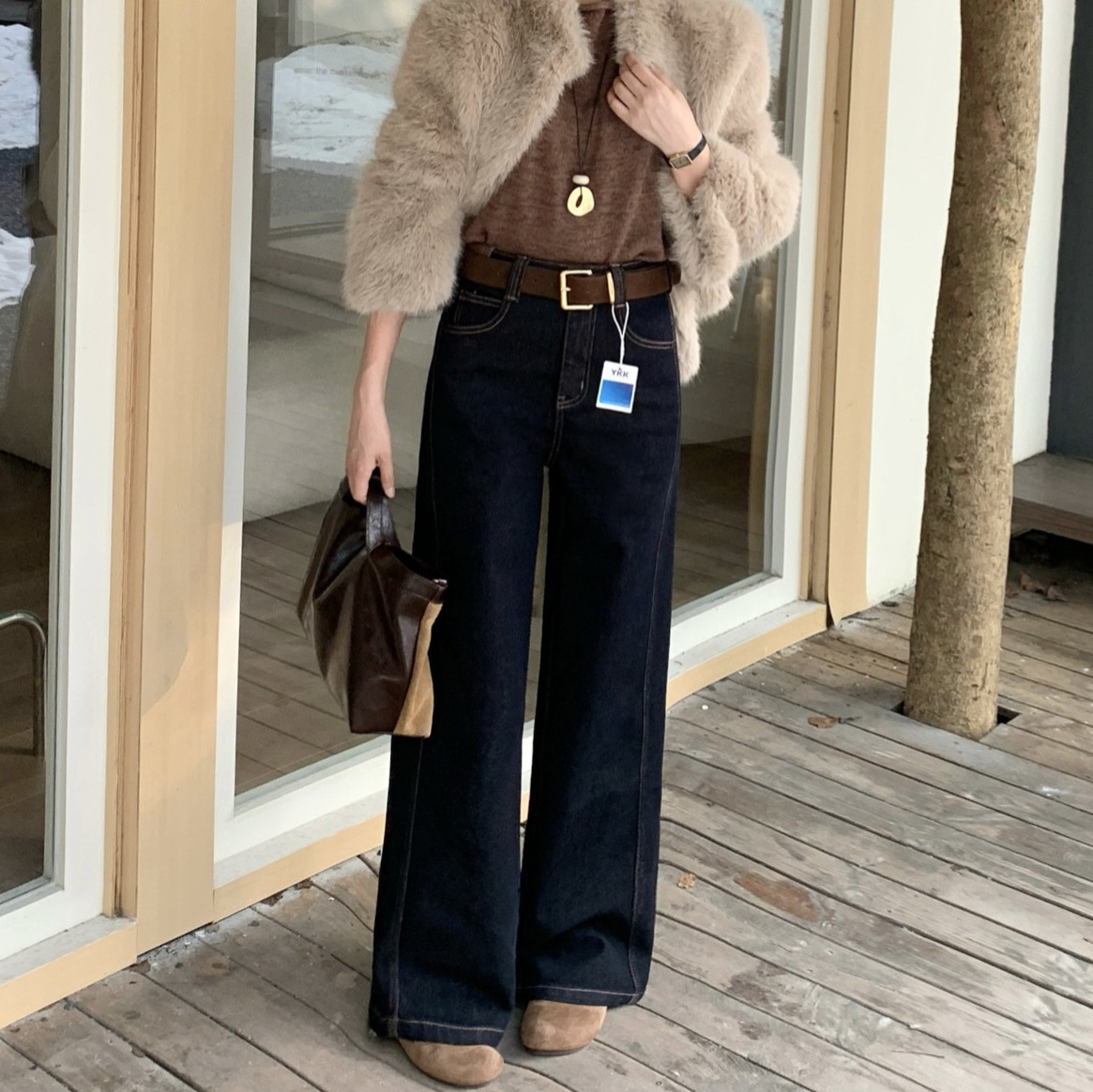 冬上新 原牛色弹力加绒宽松直筒软糯牛仔裤女窄版垂感长裤送腰带