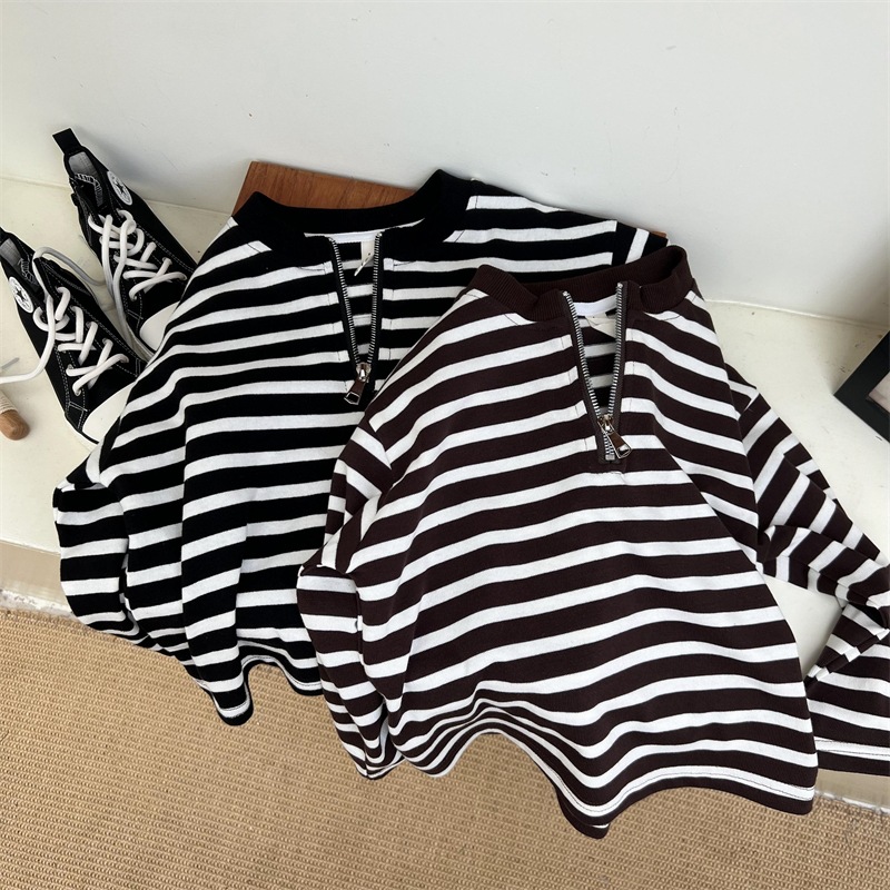 2024 Herbst Kinder American Half Zipper Striped Hoodie für Jungen und Mädchen, Loose Bottom Cotton Langarm Trendy_voghion.com