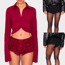 欧美新款性感沙滩热裤荷叶边波浪纯色多层蛋糕短裤裙裤热裤SU4022