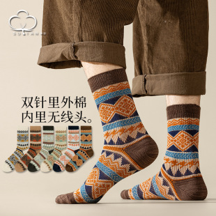 Men's Retro Mid-Calf Socks with Double Needle, Trendy Ethnic Style Diamond Plaid Long Socks, Men's Long Socks, All-Season Socks