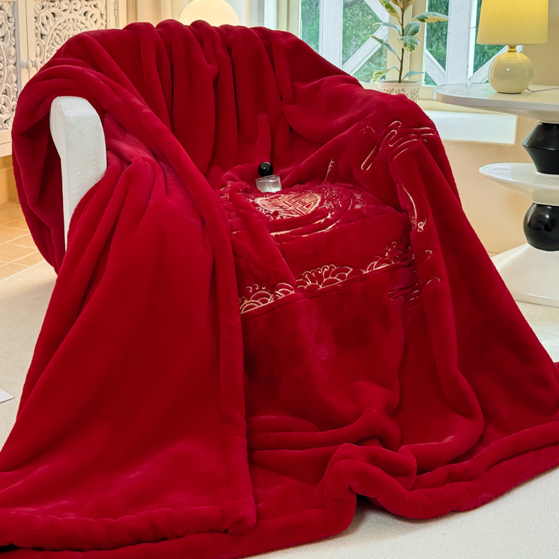 하이 엔드 밍크 모피 담요 모피 토끼 모피 퀼트 겨울 더블 자수 담요 레드 웨딩 선물