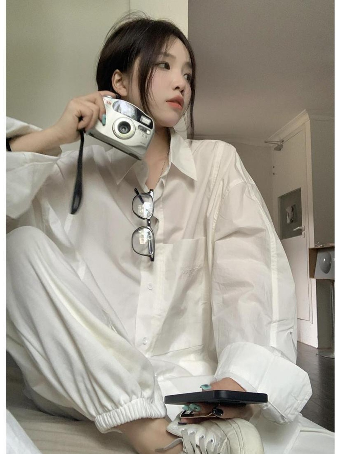 韩系白色个BF风衬衫夏季2024新款宽松中长款长袖翻领衬衣女装chic
