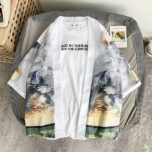 夏季日系复古浮世绘道袍外套中国风汉服中袖和服潮男七分袖开衫潮