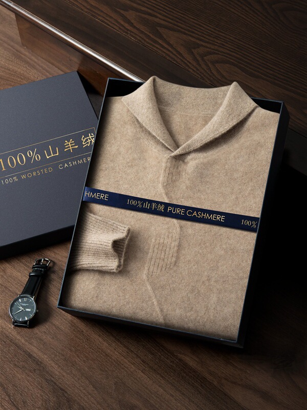 Autumn and Winter New 100 Solid Color Cashmere Men's Turnable V-Neck Loose Sweater Solid Color Superfine Knitted Base Shirt