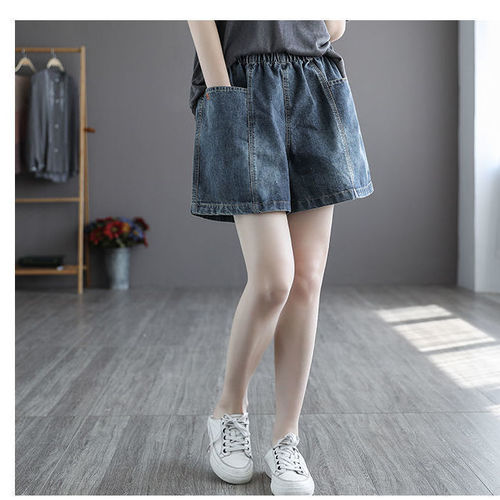 Summer Korean denim shorts for women, large pockets, loose, slimming, age-reducing, all-match, wide legs, thin elastic waist shorts for women