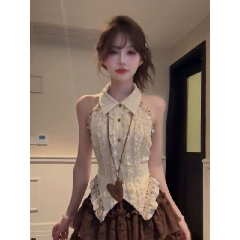 纯欲甜辣妹重工设计感无袖衬衫上衣夏季新款高腰蛋糕半身裙套装女|undefined