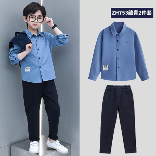Boys' Spring and Autumn Set 2024 New Children's Middle and Large Children's Stylish College Style Long Sleeve Shirt and Vest Three-Piece Set