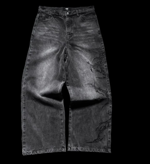 Dunkle Gothic Herren Jeans Mit Stickerei Und Hoher Taille_voghion.com