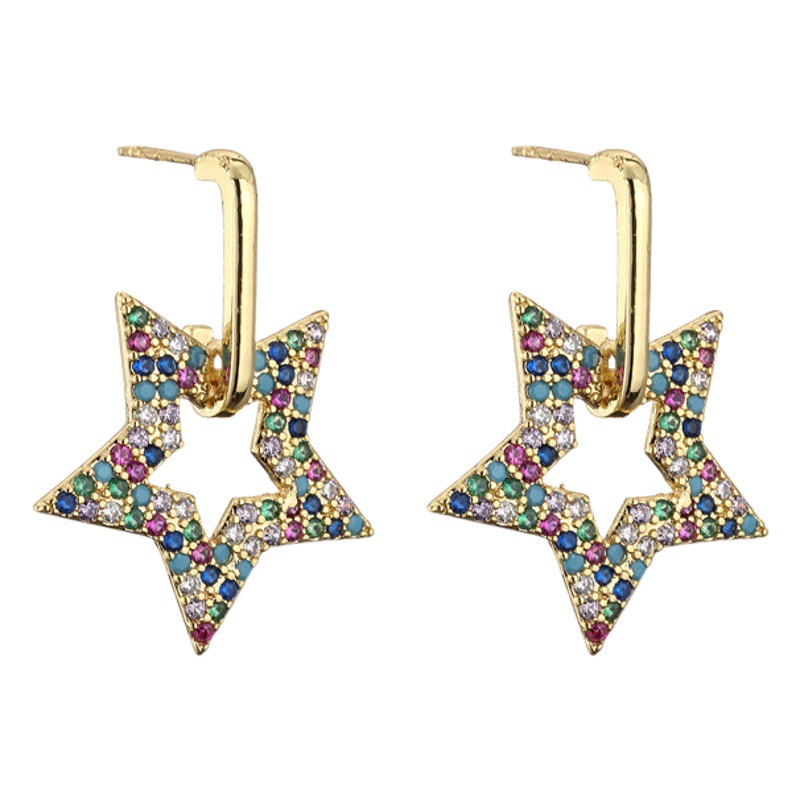 Cross-border nuevo cobre micro incrustaciones de circón estrella tierra pendientes vintage color diamante hueco diablo ojo oído anillo oído hebilla