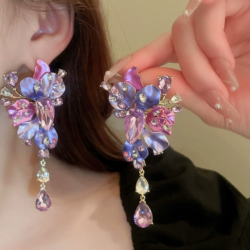 Earrings, floral light-luxury high-quality dangle styles, assorted silver-needle and ear-hook options