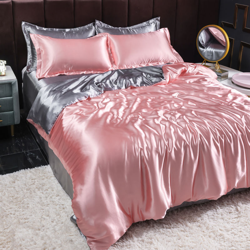 床笠款纯色双面冰丝被套四件套夏季凉感丝水洗真丝三件套丝滑裸睡