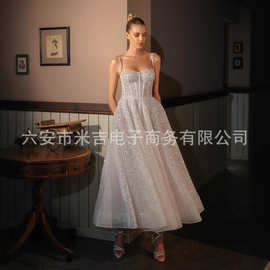 亚马逊热销吊带喷银短婚纱蓬蓬裙闪亮派对礼服速卖通跨境电商货源