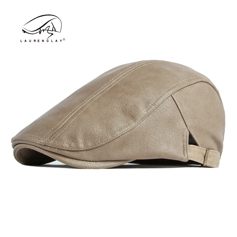 Unisex pu leather beret male retro thick warm with shaped bright skin duck tongue forward hat female_voghion.com
