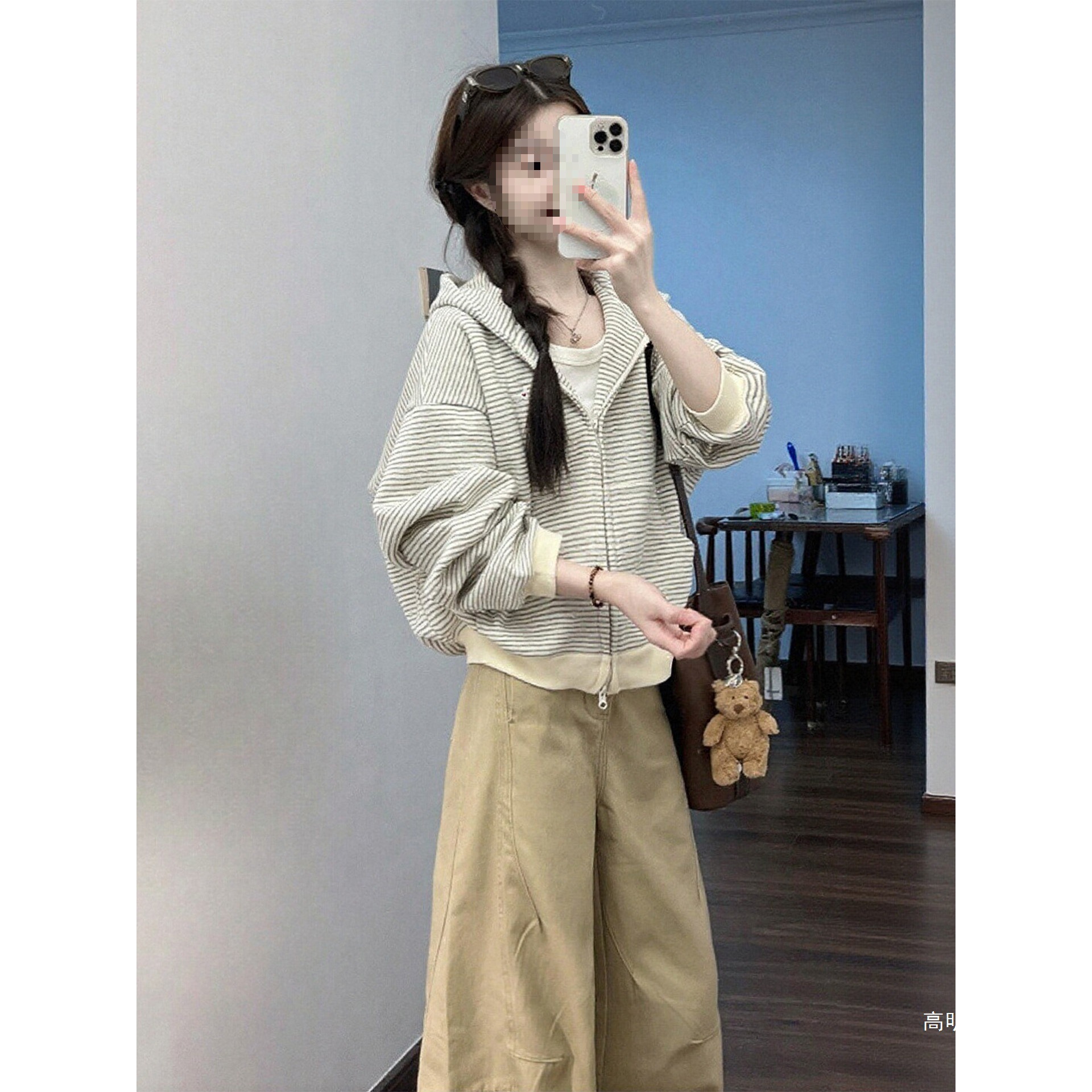 Korean style relaxed striped zip-up hooded sweatshirt, women's new spring and autumn style, versatile and slimming cardigan top.