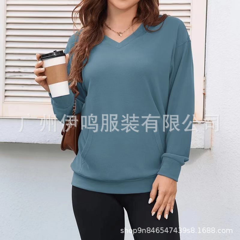 纯色V领宽松卫衣女秋冬新款长袖上衣大码休闲外套|undefined