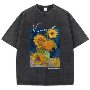 Van Gogh Sunflower Print Printing T-Shirts Man Casual  Cotto