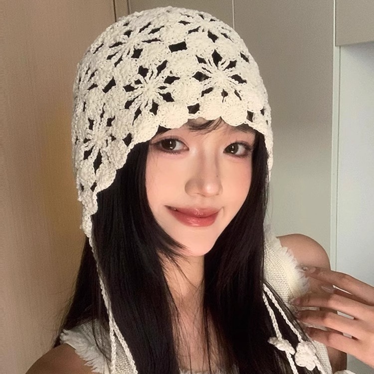 Primavera y verano sombrero de crochet hecho a mano mujer hueco flor transpirable sombrero de pila bordilla dulce lindo sombrero delgado