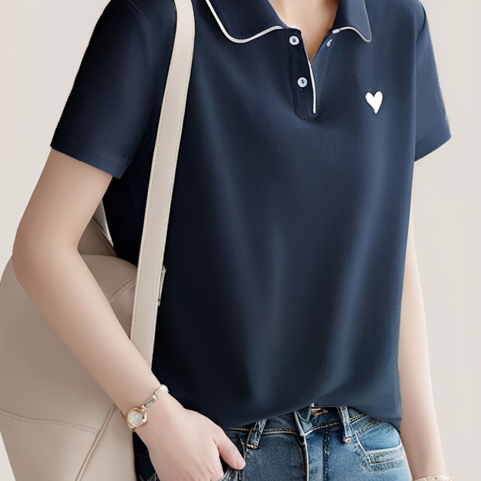撞色边拼接休闲百搭T恤女2025年夏季简约舒适宽松百搭显瘦POLO衫